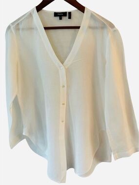 THEORY MINIMALIST SHEER LINEN BLEND COLLARLESS BUTTON DOWN BLOUSE CURVED HEM